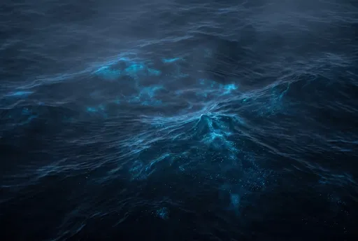 Glowing Blue Bioluminescent Ocean Waves at Night