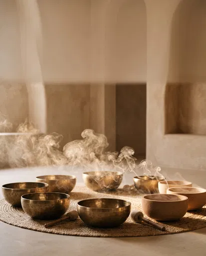Singing Bowls and Mist in Minimalist Sanctuary
