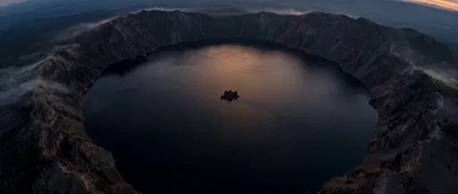 Aerial View of Dark Volcanic Crater Lake