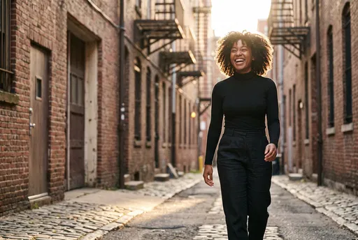 Laughing Black Woman Walking in Brick Alleyway