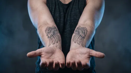 Man Showing Matching Forearm Wing Tattoos