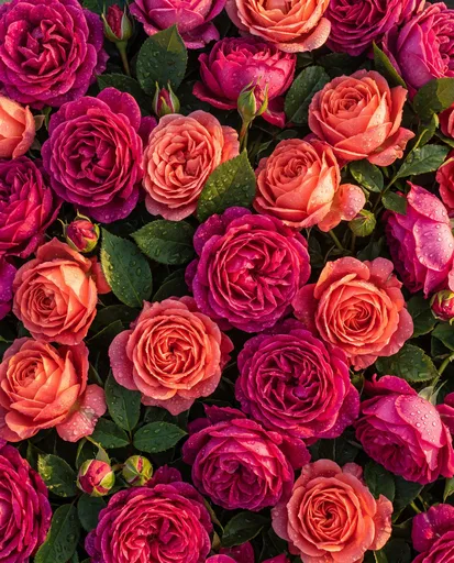 Coral and Magenta Roses with Raindrops