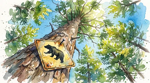 Watercolor Bear Warning Sign on Pine Tree