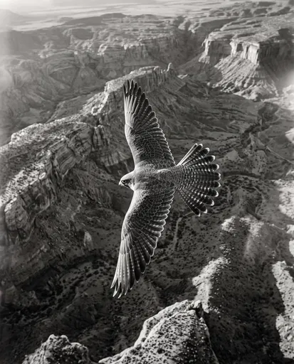 Monochrome Falcon Soaring Over Desert Canyon