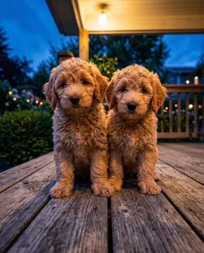 Two Goldendoodle Puppies on Deck at Dusk