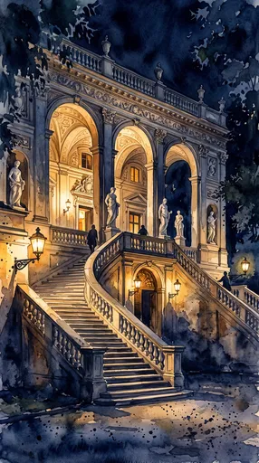 Watercolor Classical Villa Staircase at Night