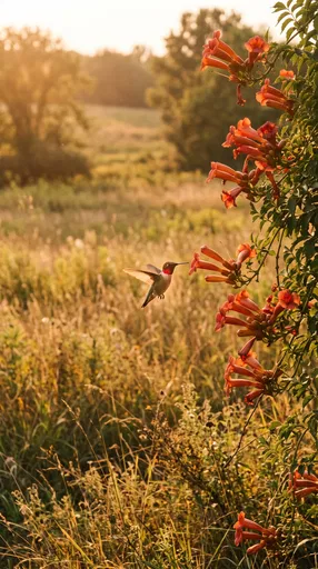Hummingbird Hovering by Trumpet Vines