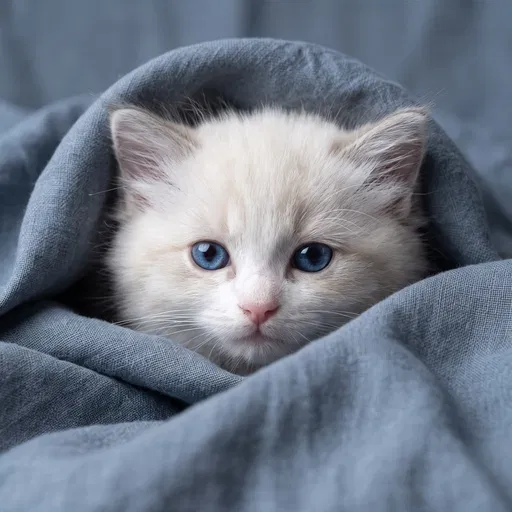 White Kitten Wrapped in Blue Linen