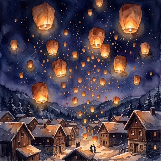 Watercolor Sky Lanterns Over Snowy Mountain Village