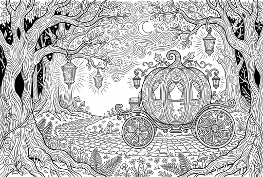 Enchanted Pumpkin Carriage Forest Coloring Page