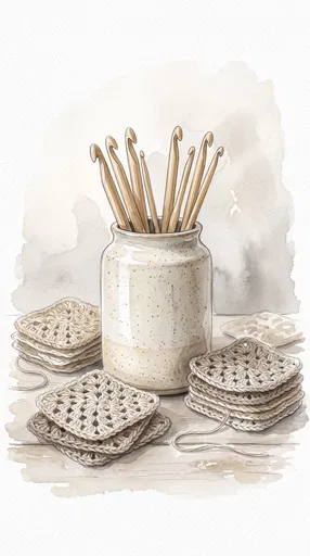 Watercolor Jar of Crochet Hooks and Squares