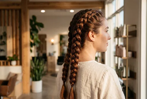 Woman With Chestnut Braids in Salon