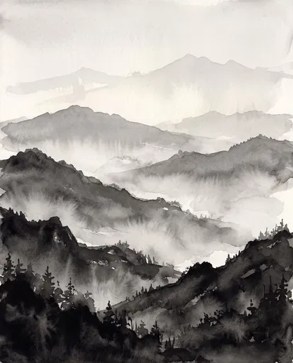 Monochrome Watercolor Misty Mountain Ridges
