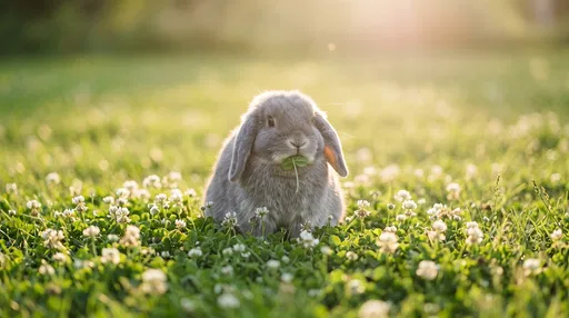 Grey Lop Bunny in Sunlit Clover Field