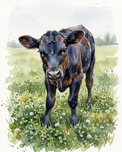 Watercolor Black Angus Calf in Clover