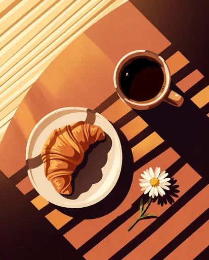 Morning Coffee and Croissant Flat Lay Illustration