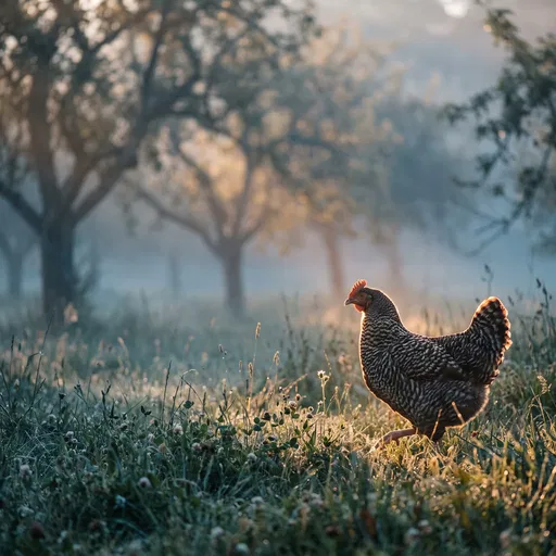 Backlit Hen Walking in Misty Orchard