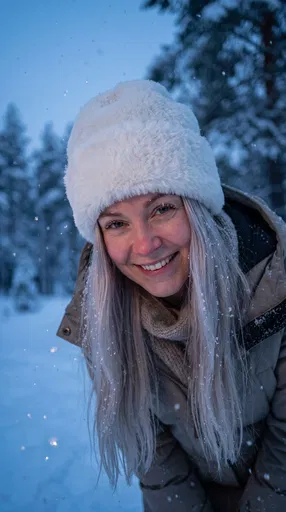Smiling Blonde Woman in Snowy Winter Twilight