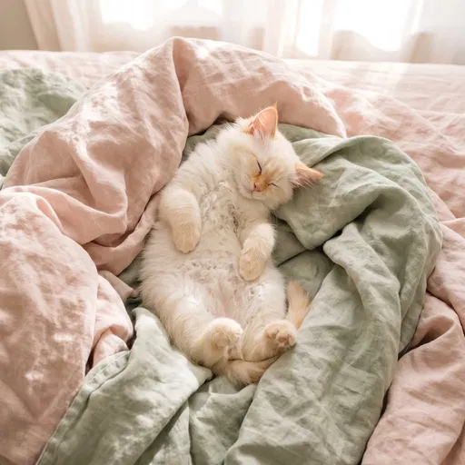 Sleeping Kitten on Pastel Linen Sheets
