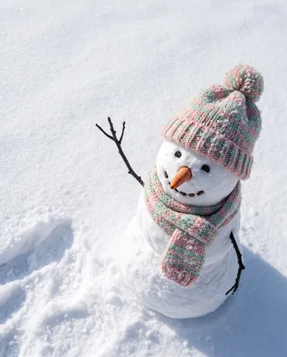 Cheerful Snowman in Pastel Knitted Hat