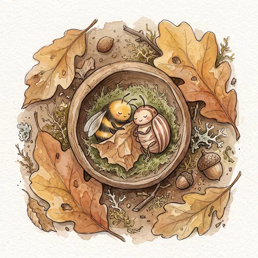 Sleeping Bee and Beetle Watercolor Illustration