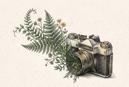 Vintage Camera With Sprouting Botanicals Sketch