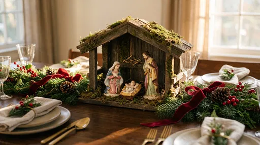 Wooden Nativity Set on Christmas Dining Table