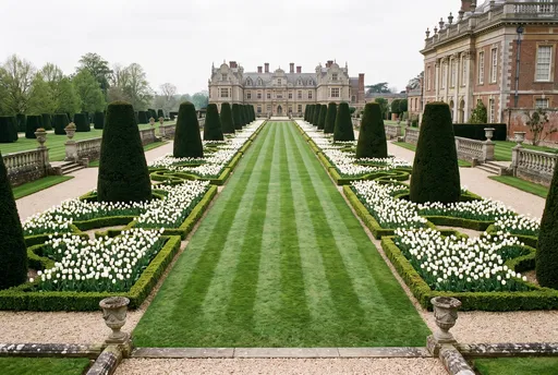 Formal Manor Garden with Striped Lawn