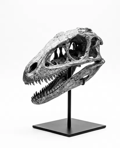 Fossilized Velociraptor Skull on Black Stand