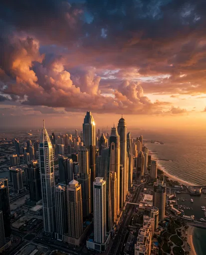 Aerial Sunset Over Coastal Skyscrapers