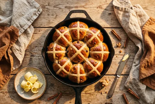 Fresh Hot Cross Buns in Skillet