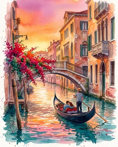 Romantic Venice Gondola Sunset Watercolor Illustration