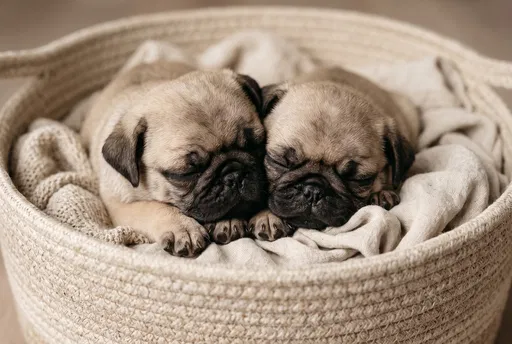 Two Pug Puppies Sleeping in Basket