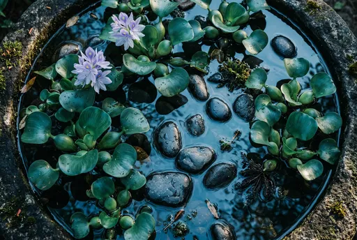 Water Hyacinths and Stones in Garden Basin