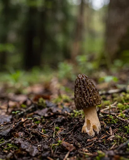 Morel Mushroom in Forest Soil