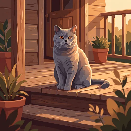 British Shorthair Cat on Wooden Porch