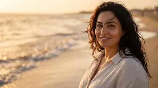 Woman Smiling on Beach at Sunset