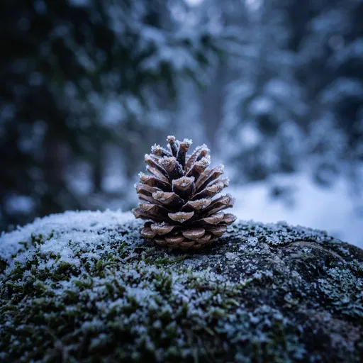 Frost-Tipped Pine Cone in Winter Forest