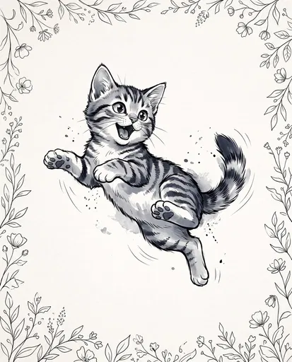 Monochrome Jumping Tabby Kitten Illustration