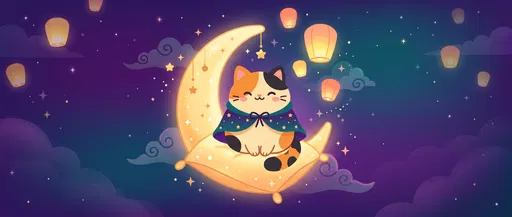Kawaii Calico Cat On Glowing Moon Pillow