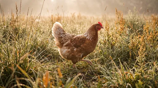 Brown Hen Walking Through Dewy Morning Grass