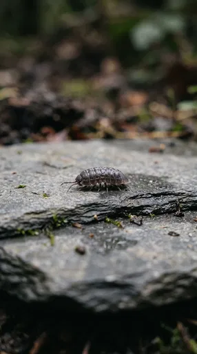 Woodlouse Walking on Damp Slate Stone