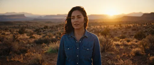 Woman in Denim Shirt at Desert Sunset