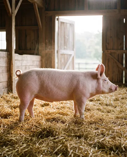 Yorkshire Pig Standing in Rustic Barn