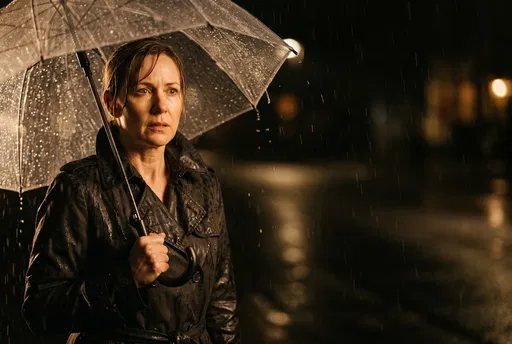 Woman Holding Umbrella on Rainy Night