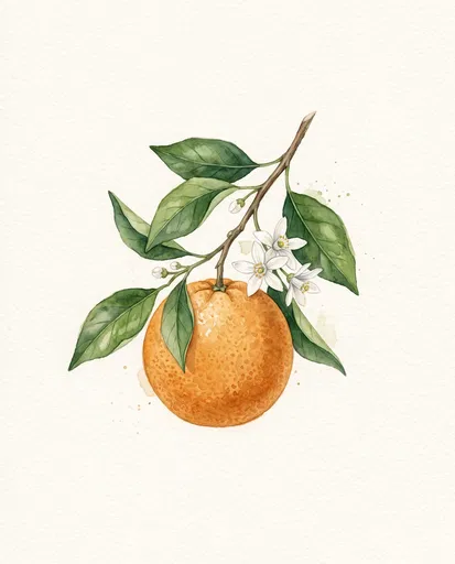 Watercolor Illustration of Orange on Branch