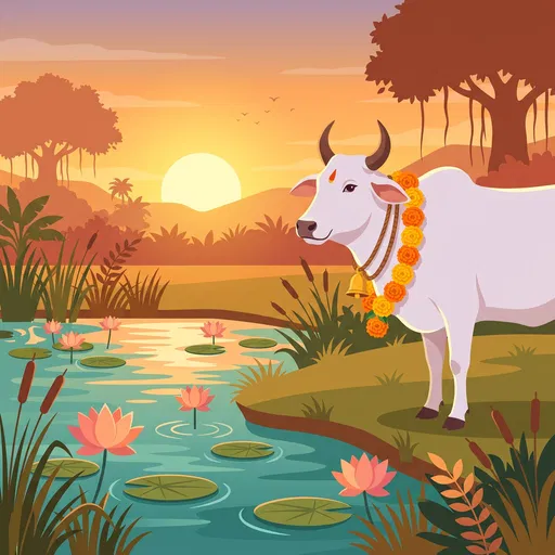 Sacred White Cow Beside Lotus Pond