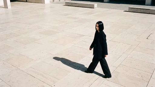 Woman in Black Walking Across Sunlit Plaza