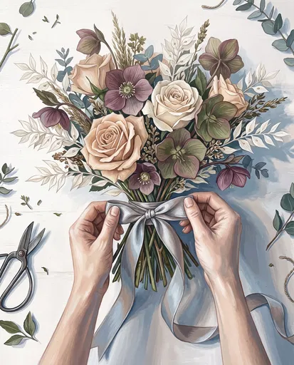 Florist Hands Tying Bridal Bouquet Illustration