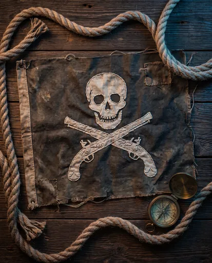 Weathered Pirate Flag With Rope and Compass
